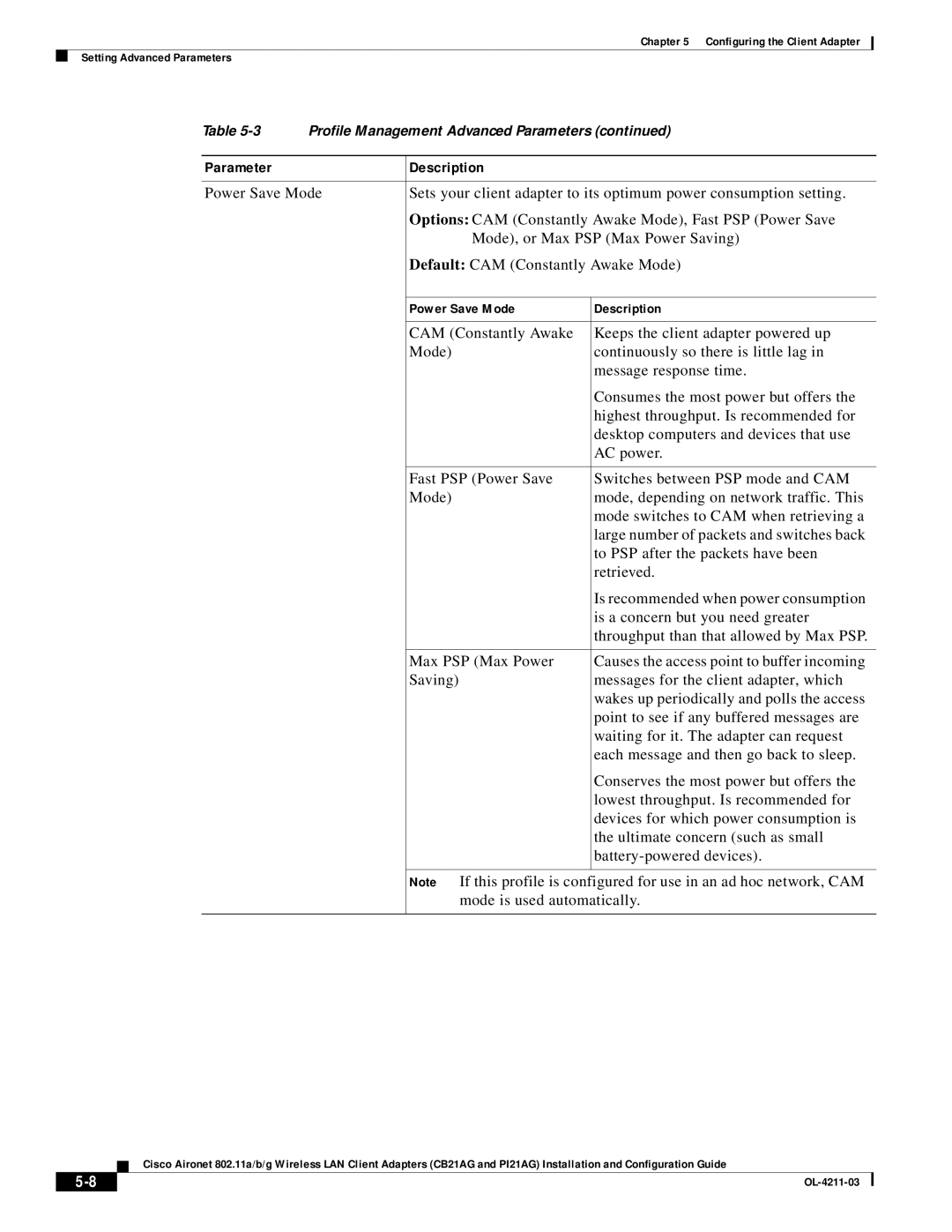 Cisco Systems CB21AG manual Profile Management Advanced Parameters 