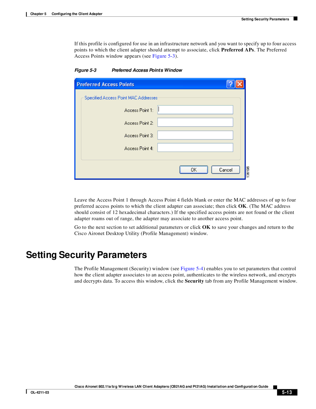 Cisco Systems CB21AG manual Setting Security Parameters, Preferred Access Points Window 