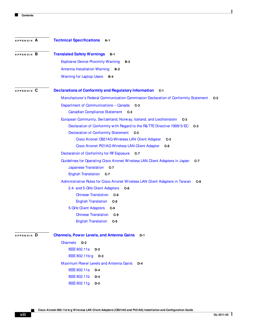 Cisco Systems CB21AG manual Antenna Installation Warning B-3, Viii 