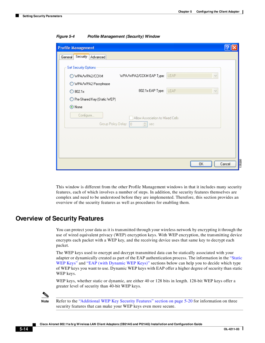 Cisco Systems CB21AG manual Overview of Security Features, Profile Management Security Window 