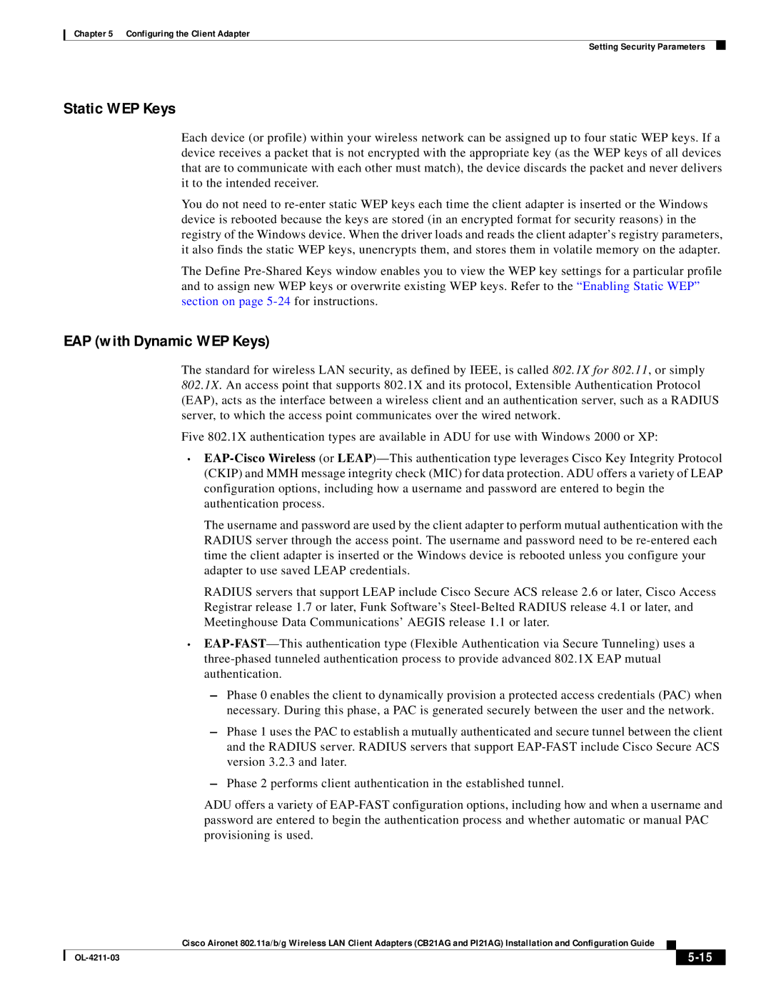 Cisco Systems CB21AG manual Static WEP Keys, EAP with Dynamic WEP Keys 