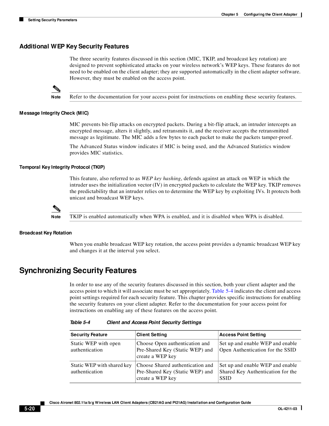 Cisco Systems CB21AG manual Synchronizing Security Features, Additional WEP Key Security Features, Ssid 