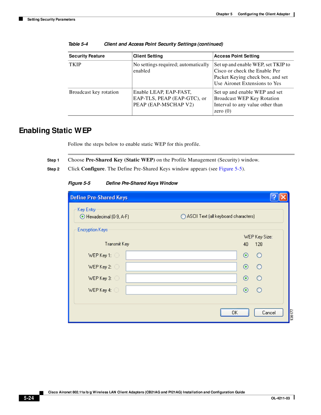 Cisco Systems CB21AG manual Enabling Static WEP, Tkip, Peap EAP-MSCHAP, Interval to any value other than, Zero 