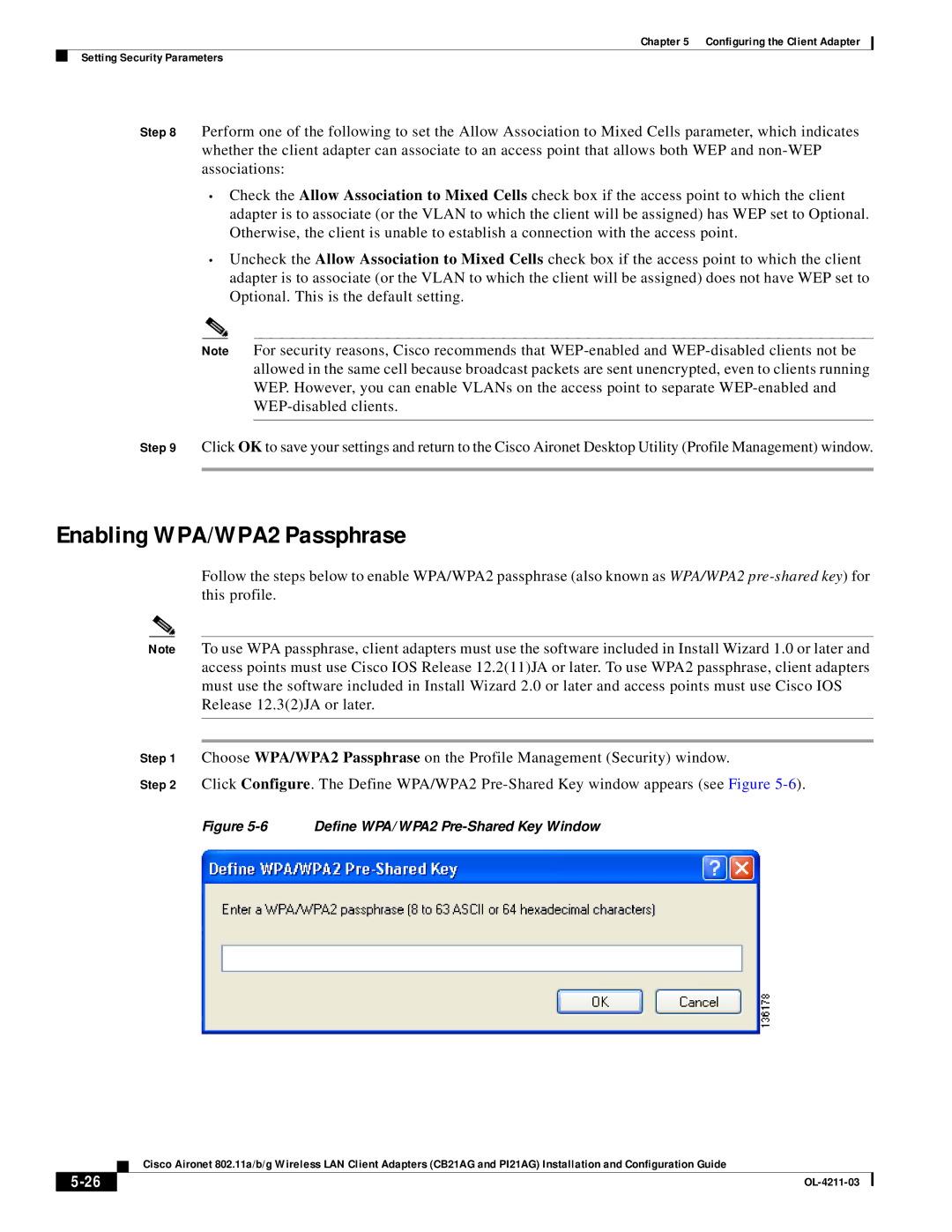 Cisco Systems CB21AG manual Enabling WPA/WPA2 Passphrase, Define WPA/WPA2 Pre-Shared Key Window 