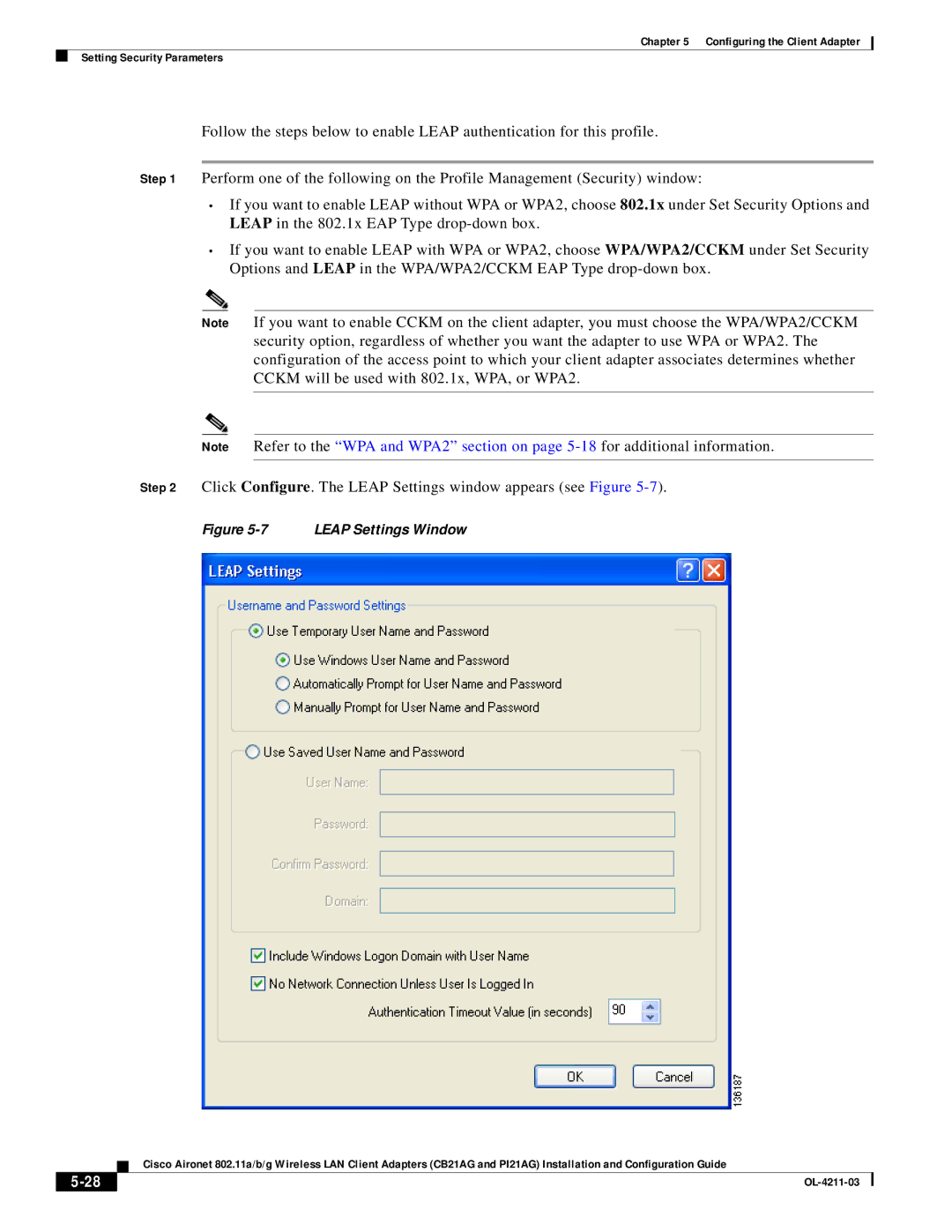 Cisco Systems CB21AG manual Leap Settings Window 