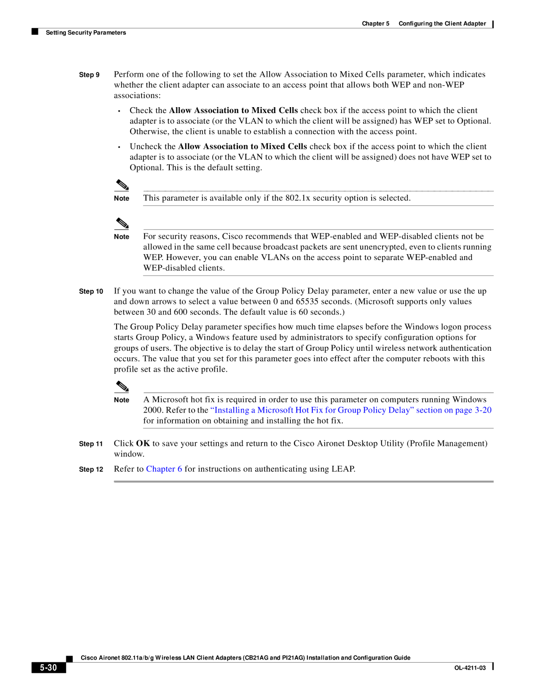 Cisco Systems CB21AG manual Configuring the Client Adapter Setting Security Parameters 