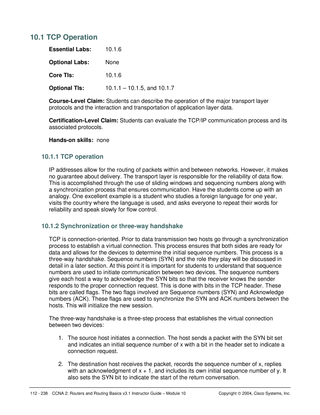 Cisco Systems CCNA 2 manual TCP Operation, TCP operation, Synchronization or three-way handshake 