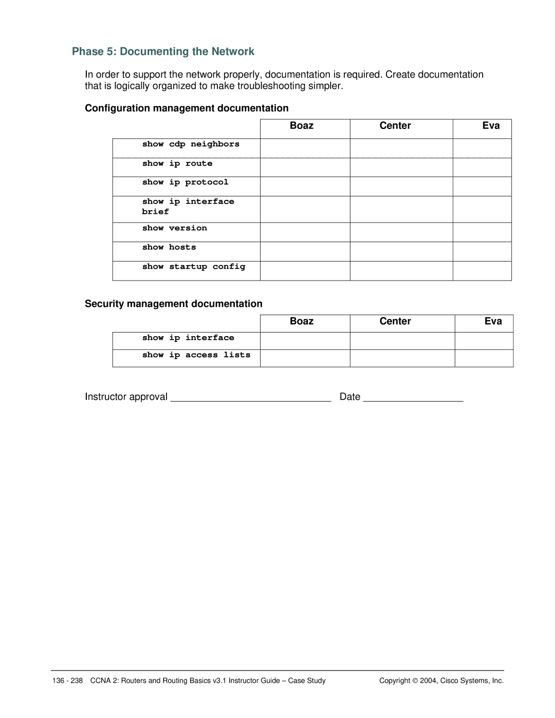 Cisco Systems CCNA 2 manual Phase 5 Documenting the Network, Configuration management documentation Boaz, Eva 