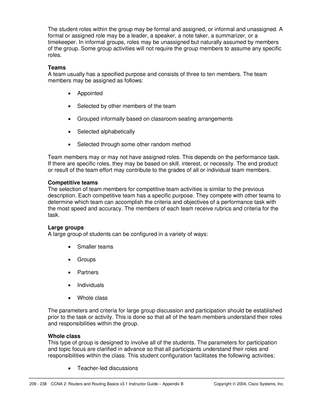 Cisco Systems CCNA 2 manual Teams, Competitive teams, Large groups, Whole class 