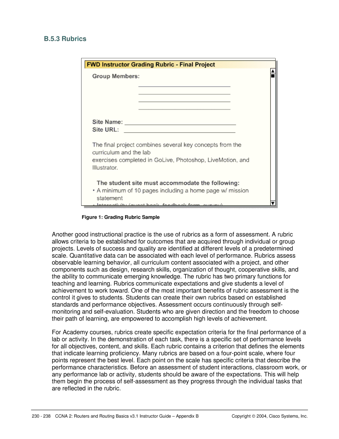 Cisco Systems CCNA 2 manual Rubrics, Grading Rubric Sample 