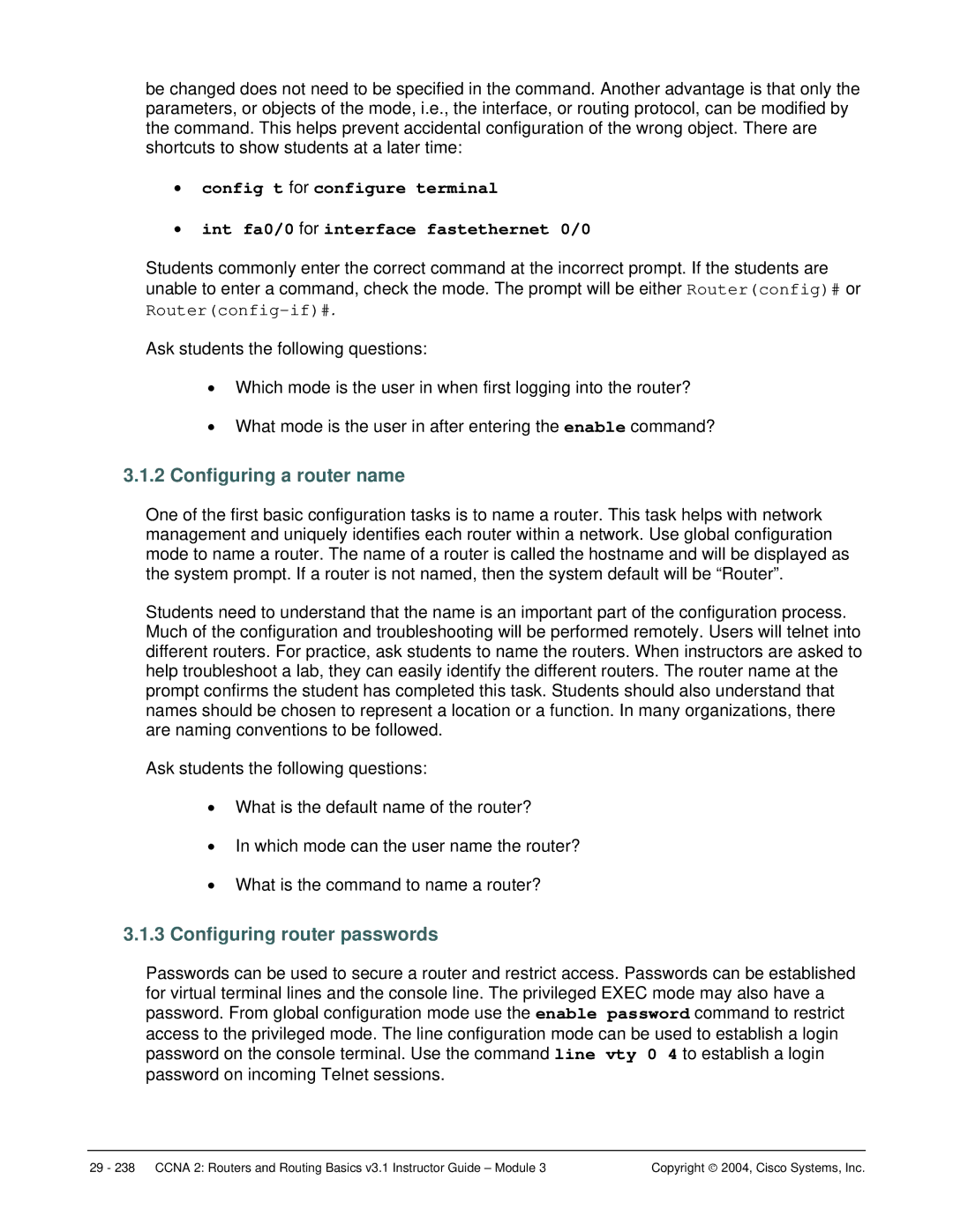 Cisco Systems CCNA 2 manual Configuring a router name, Configuring router passwords 