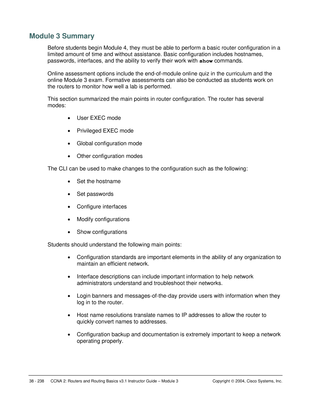 Cisco Systems CCNA 2 manual Module 3 Summary 