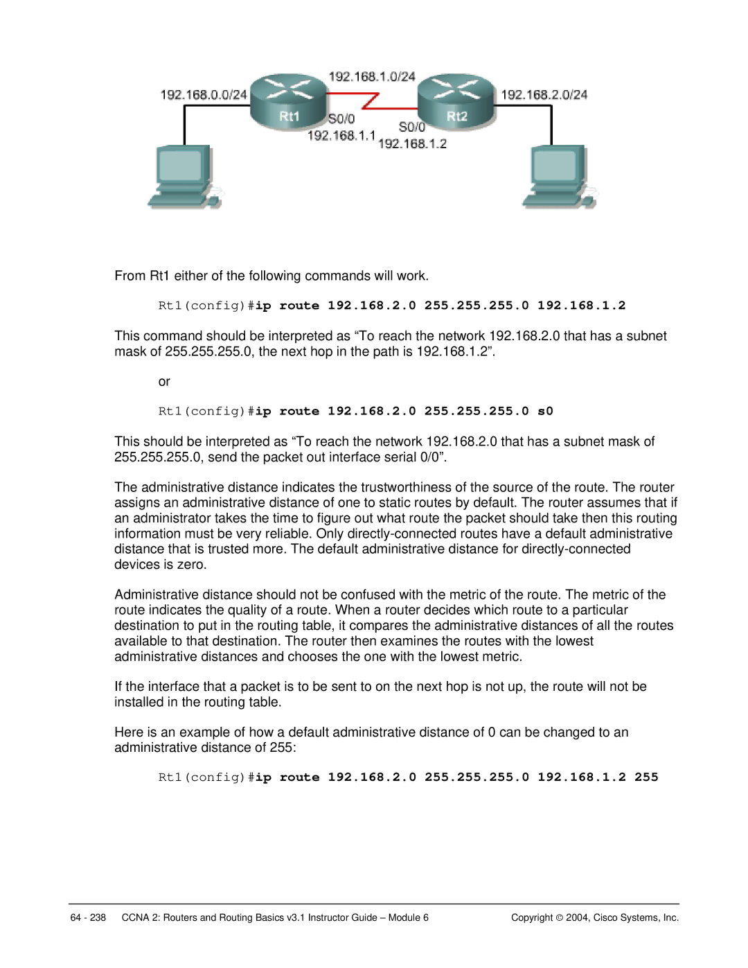 Cisco Systems CCNA 2 manual Rt1config#ip route 192.168.2.0 255.255.255.0 s0 