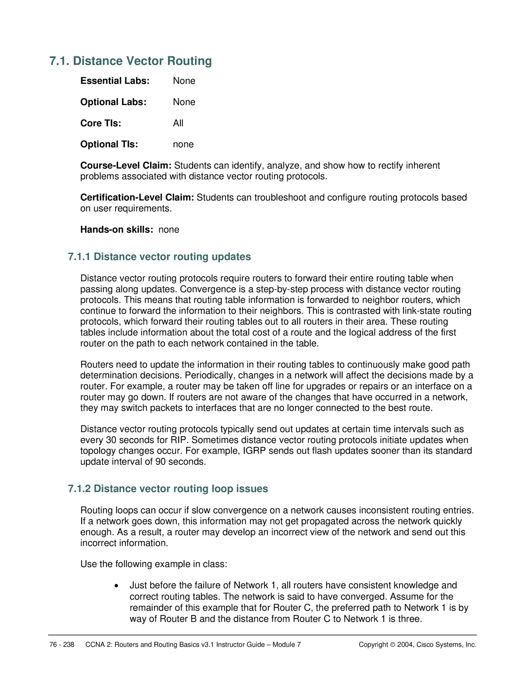 Cisco Systems CCNA 2 manual Distance Vector Routing, Distance vector routing updates, Distance vector routing loop issues 