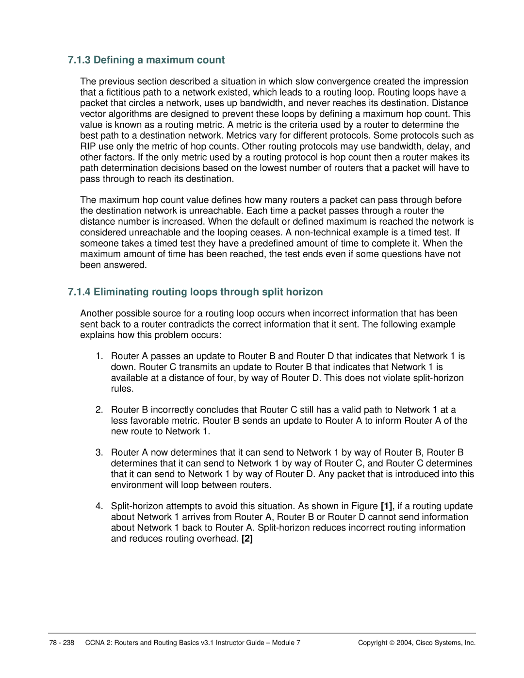 Cisco Systems CCNA 2 manual Defining a maximum count, Eliminating routing loops through split horizon 