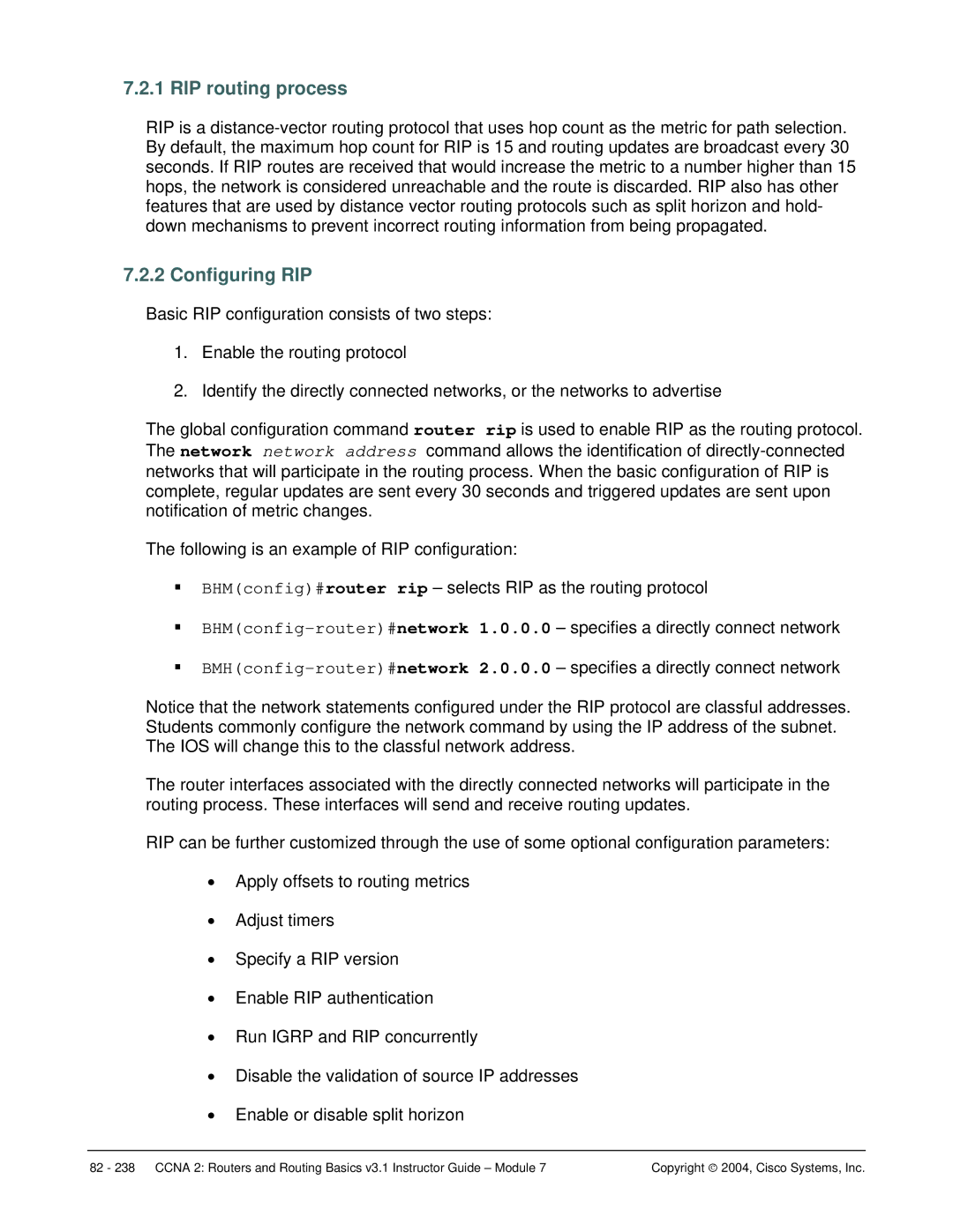 Cisco Systems CCNA 2 manual RIP routing process, Configuring RIP 