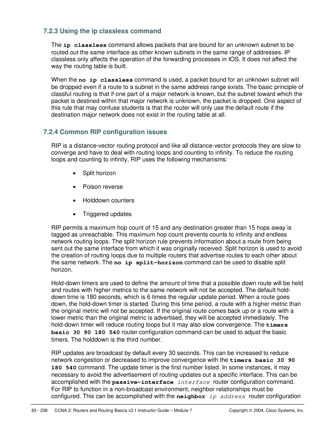 Cisco Systems CCNA 2 manual Using the ip classless command, Common RIP configuration issues 