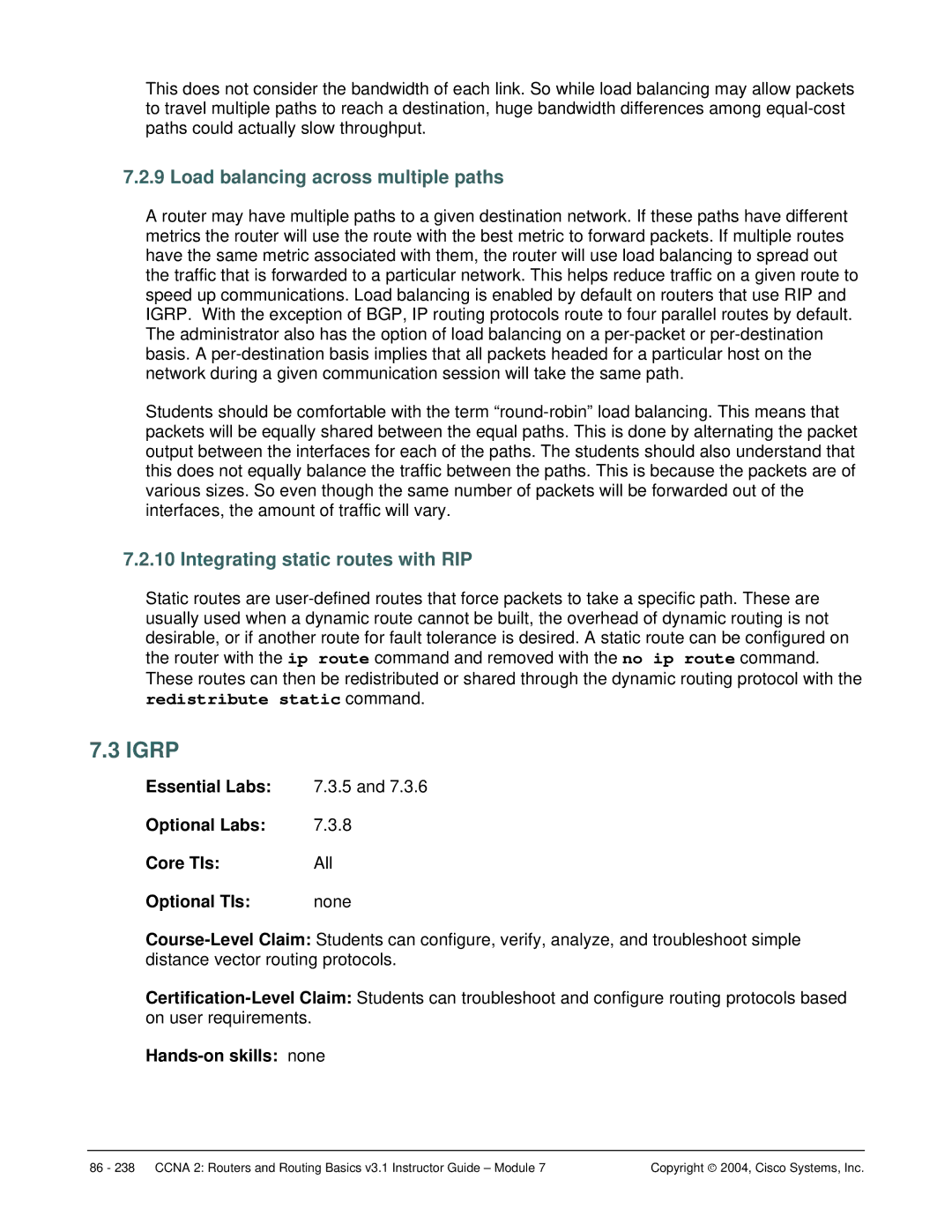 Cisco Systems CCNA 2 manual Igrp, Load balancing across multiple paths, Integrating static routes with RIP 