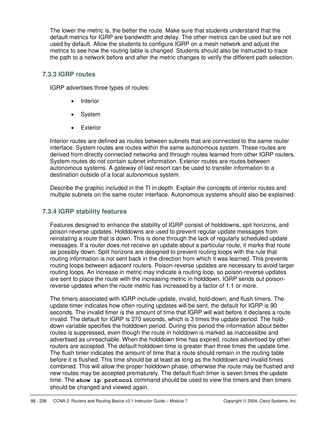 Cisco Systems CCNA 2 manual Igrp routes, Igrp stability features 