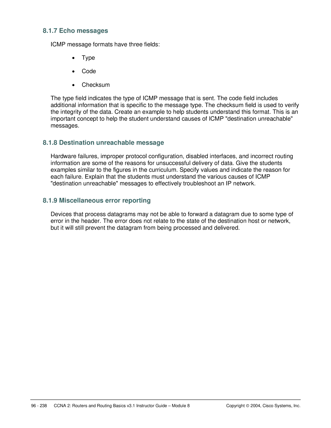 Cisco Systems CCNA 2 manual Echo messages, Destination unreachable message, Miscellaneous error reporting 