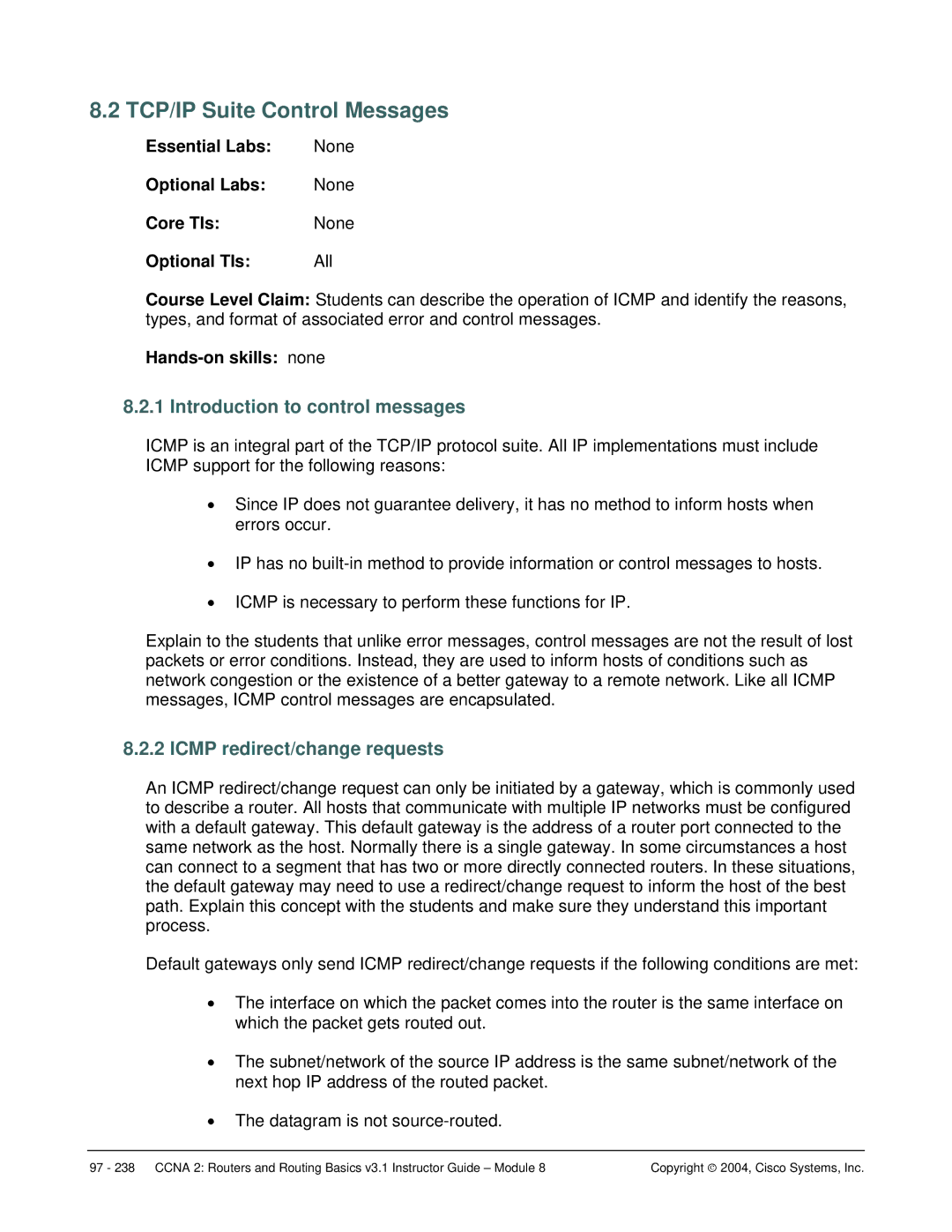 Cisco Systems CCNA 2 manual TCP/IP Suite Control Messages, Introduction to control messages, Icmp redirect/change requests 