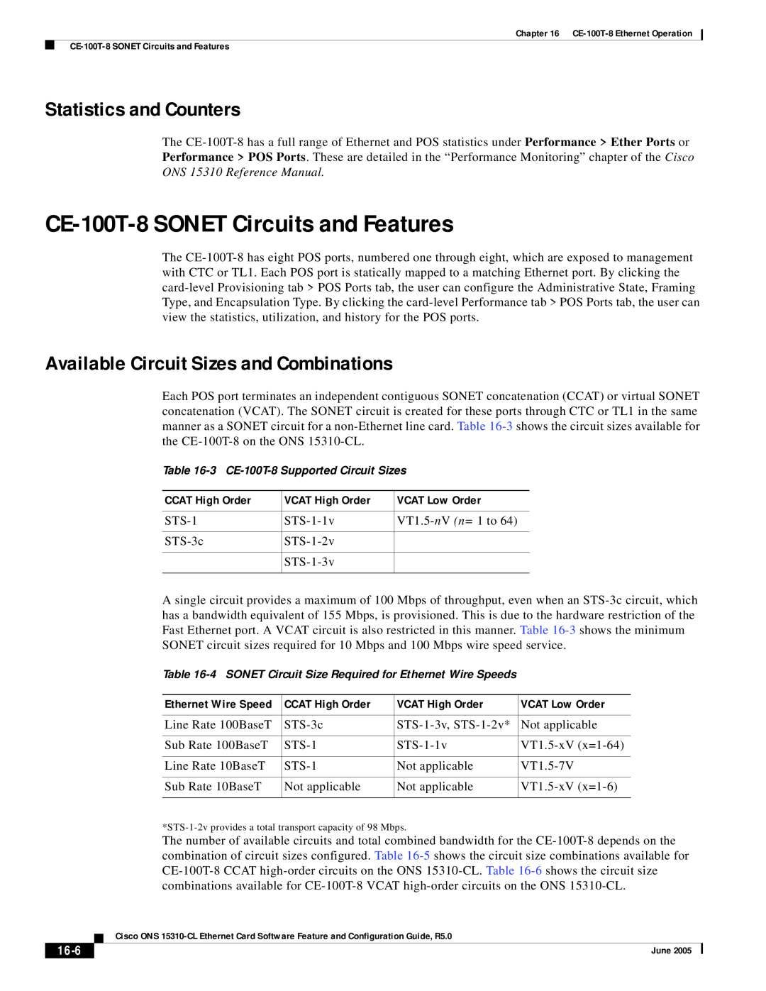 Cisco Systems CE-100T-8 SONET Circuits and Features, Statistics and Counters, Available Circuit Sizes and Combinations 