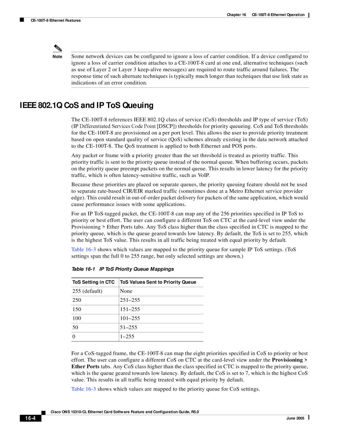 Cisco Systems CE-100T-8 specifications Ieee 802.1Q CoS and IP ToS Queuing, 16-4 