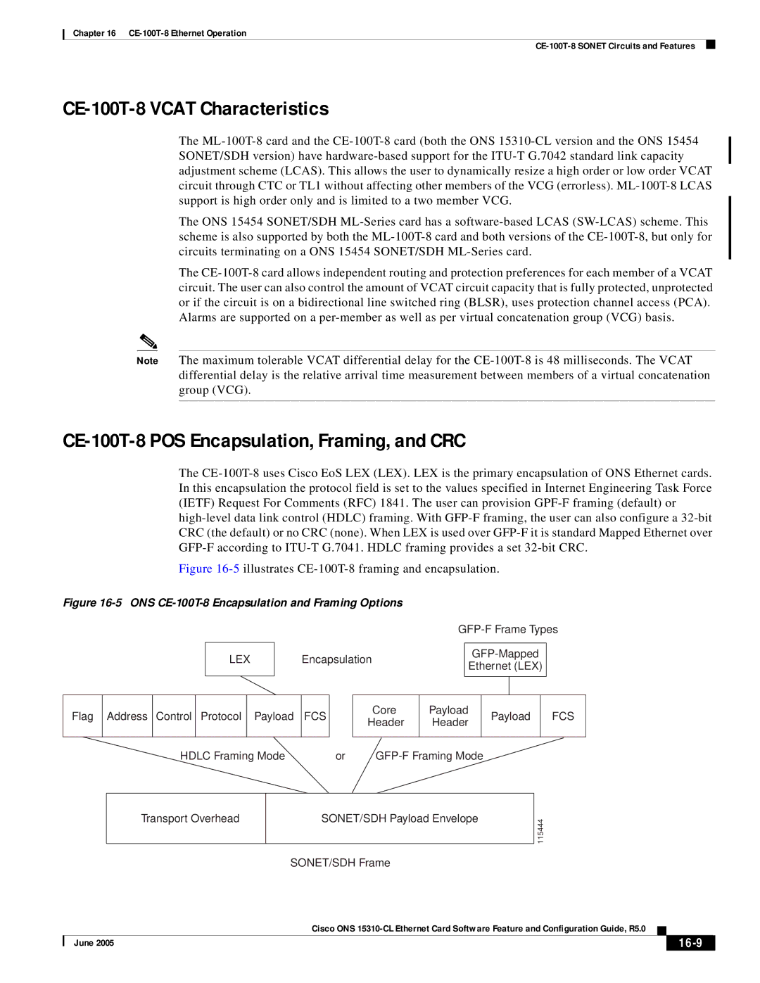 Cisco Systems specifications CE-100T-8 Vcat Characteristics, CE-100T-8 POS Encapsulation, Framing, and CRC, 16-9 