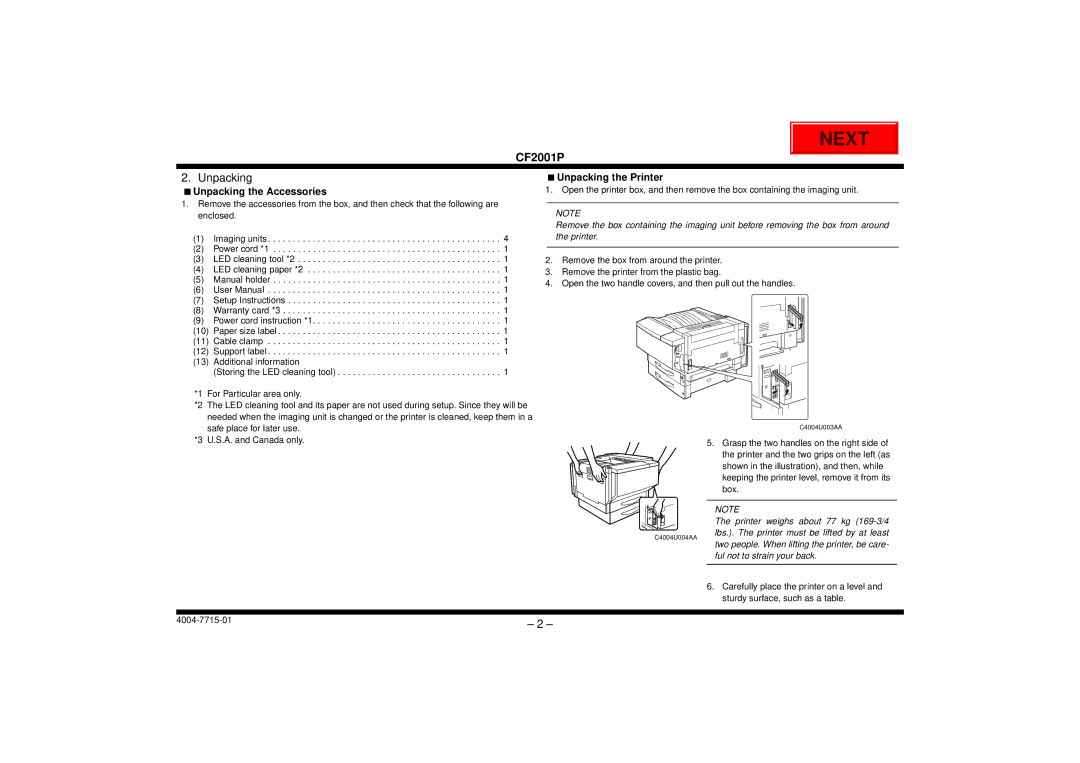 Cisco Systems CF2001P user manual Unpacking the Printer, Unpacking the Accessories 