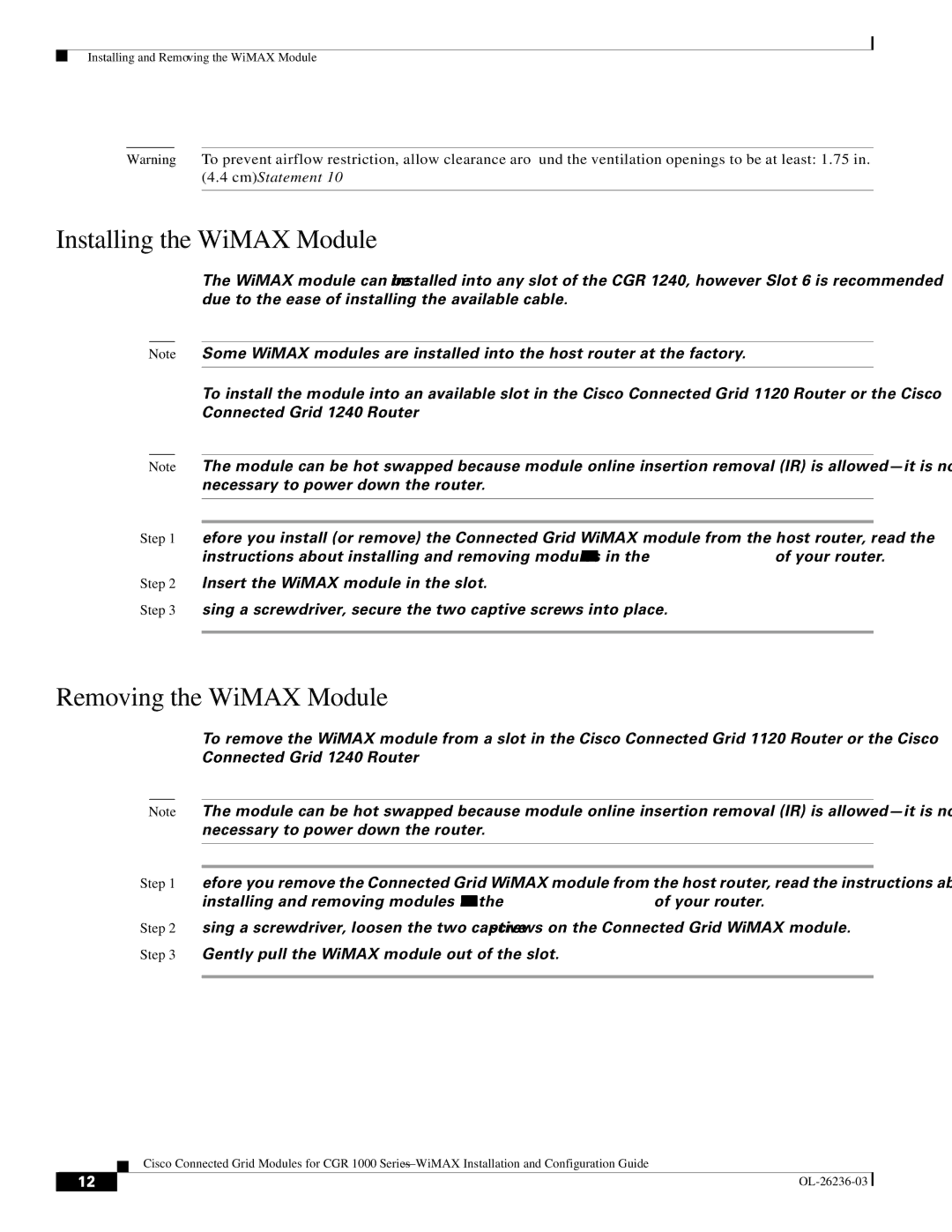 Cisco Systems CGR1120K9 manual Installing the WiMAX Module, Removing the WiMAX Module 