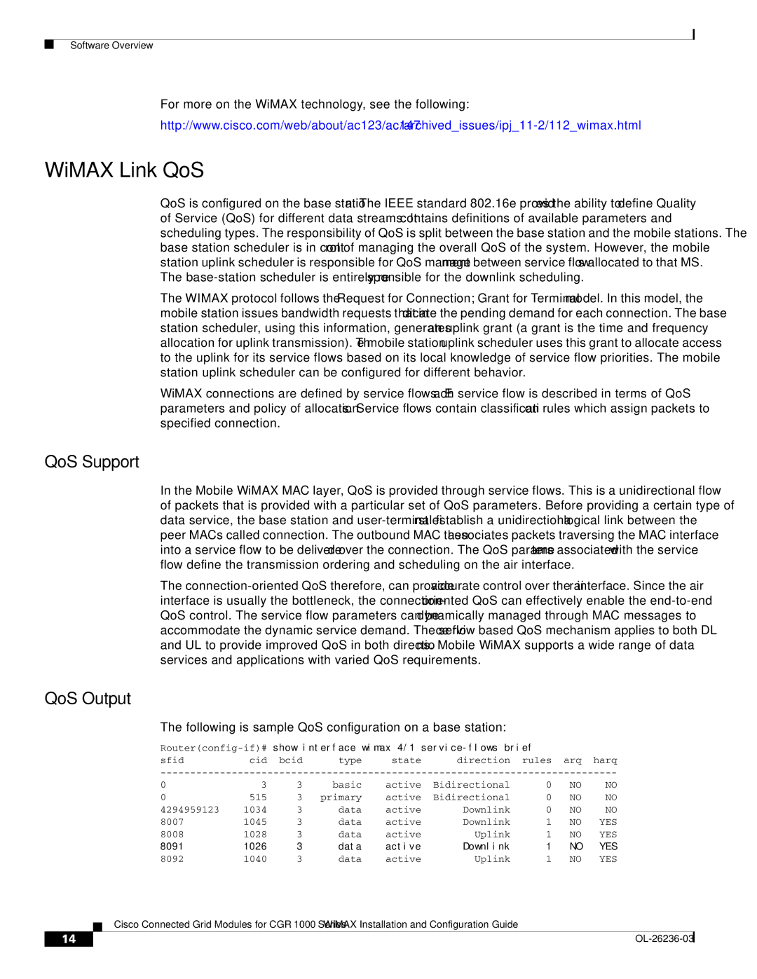 Cisco Systems CGR1120K9 manual WiMAX Link QoS, QoS Support, QoS Output, 8091 1026 Data, Downlink 