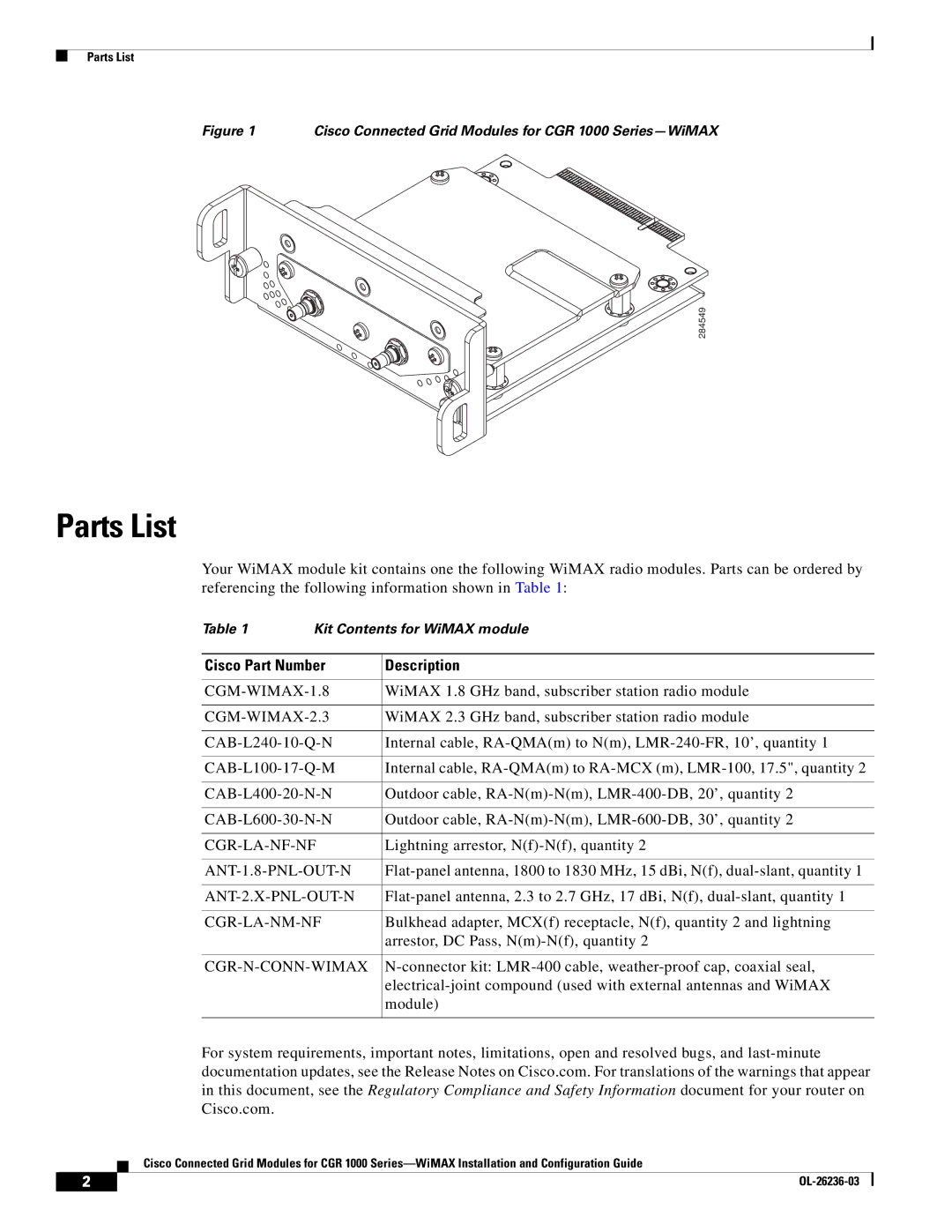 Cisco Systems CGR1120K9 manual Parts List, Cisco Part Number Description 