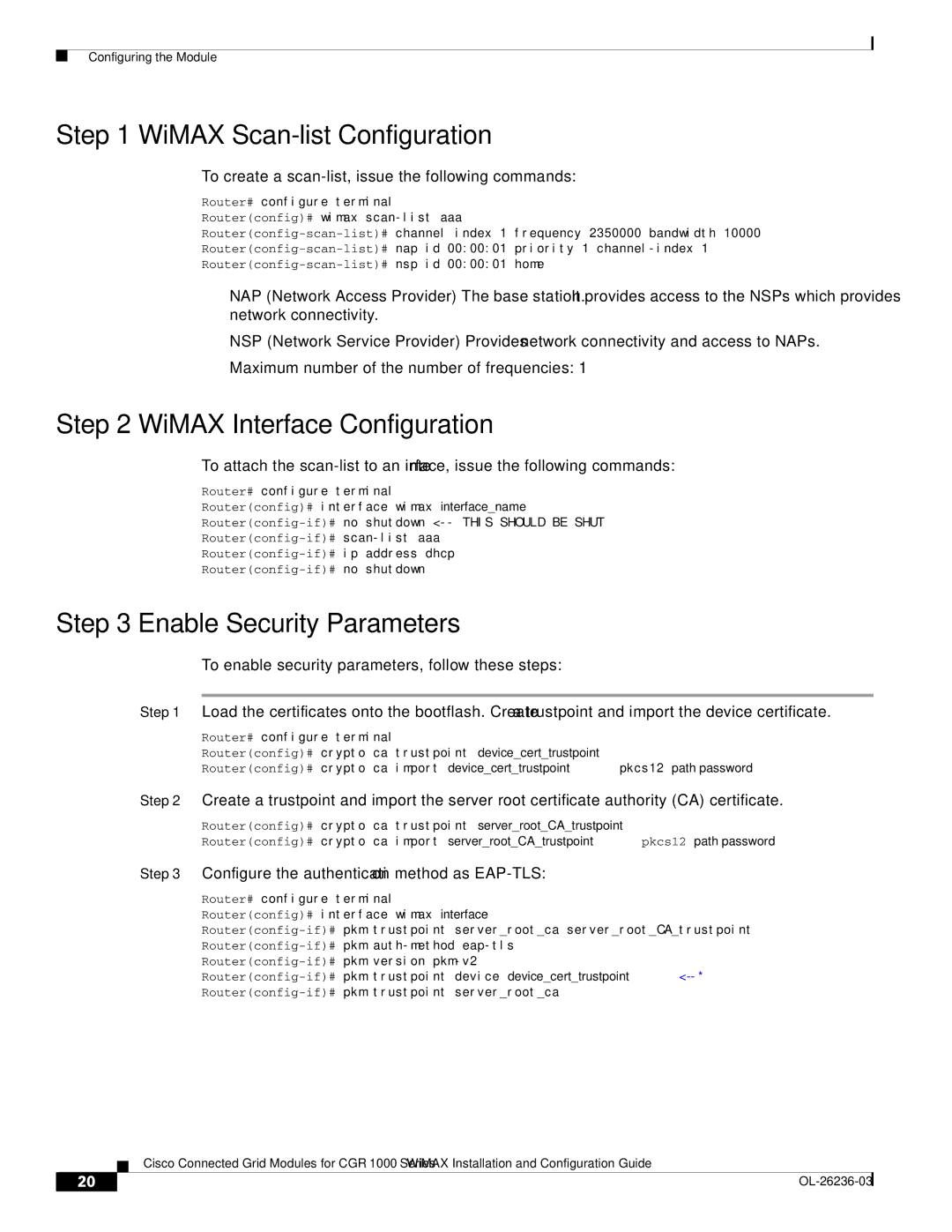 Cisco Systems CGR1120K9 manual WiMAX Scan-list Configuration, WiMAX Interface Configuration, Enable Security Parameters 