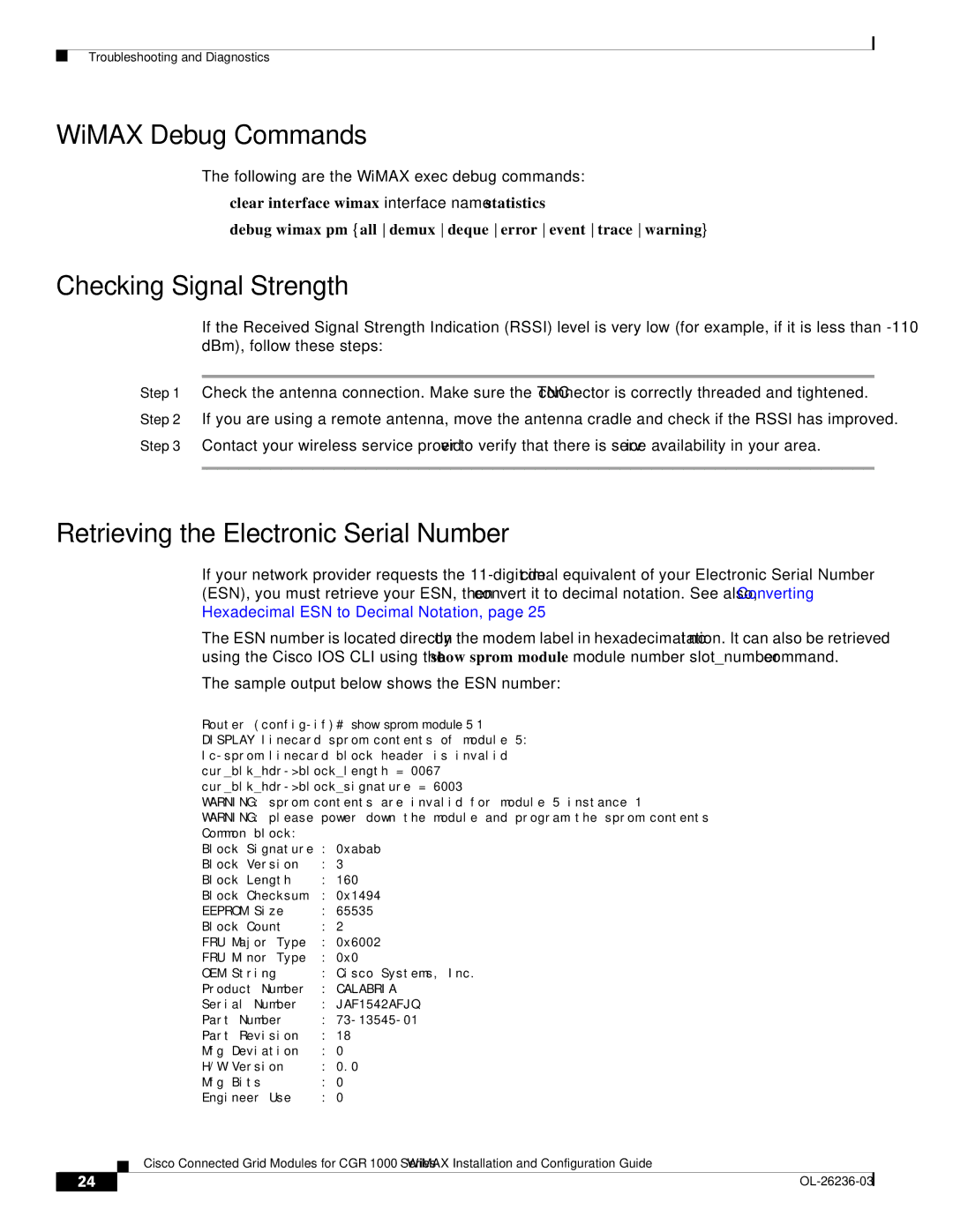 Cisco Systems CGR1120K9 manual WiMAX Debug Commands, Checking Signal Strength, Retrieving the Electronic Serial Number 