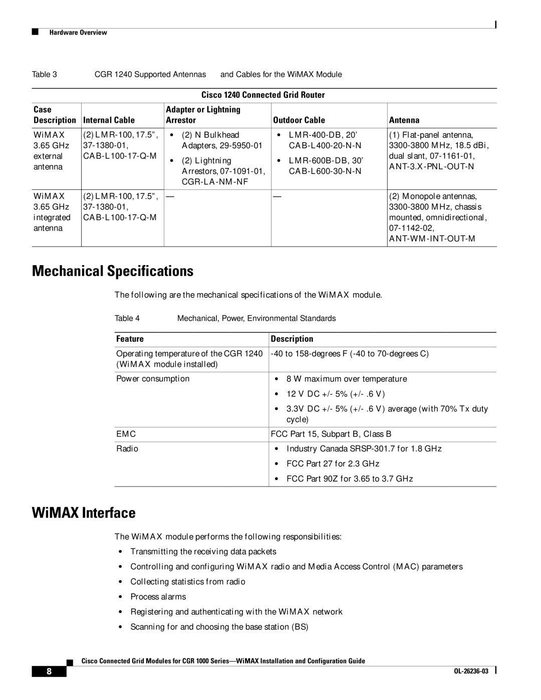 Cisco Systems CGR1120K9 manual Mechanical Specifications, WiMAX Interface 