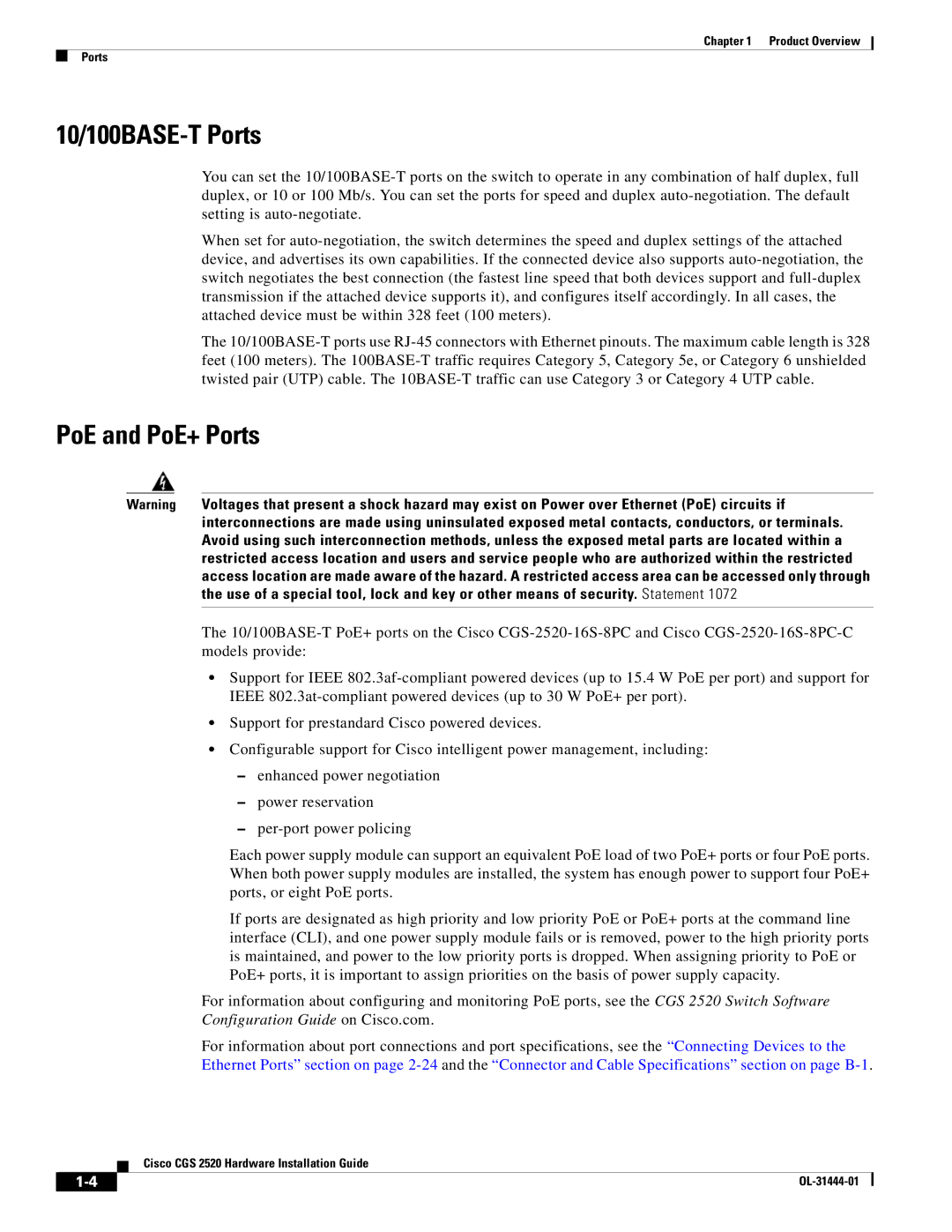 Cisco Systems CGS 2520 manual 10/100BASE-T Ports, PoE and PoE+ Ports 