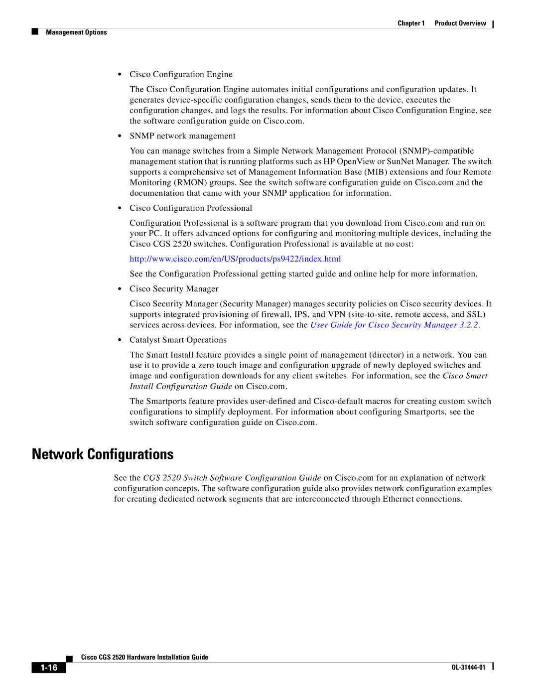 Cisco Systems CGS 2520 manual Network Configurations 