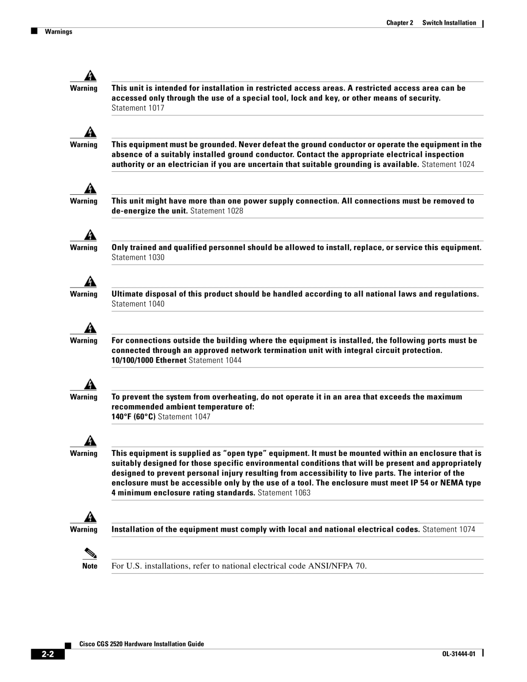 Cisco Systems CGS 2520 manual 140F 60C Statement 