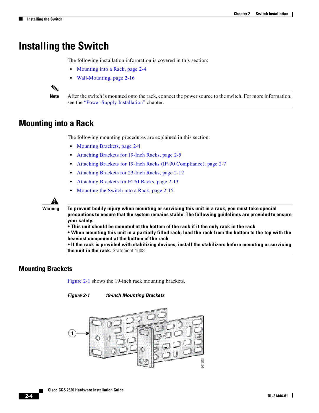 Cisco Systems CGS 2520 manual Installing the Switch, Mounting into a Rack, Mounting Brackets 