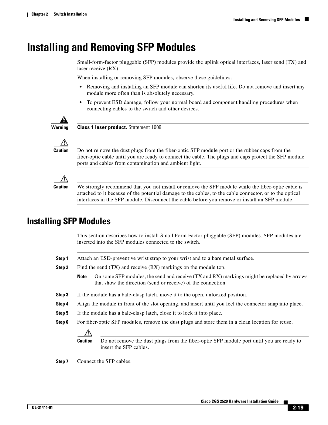 Cisco Systems CGS 2520 manual Installing and Removing SFP Modules, Installing SFP Modules 