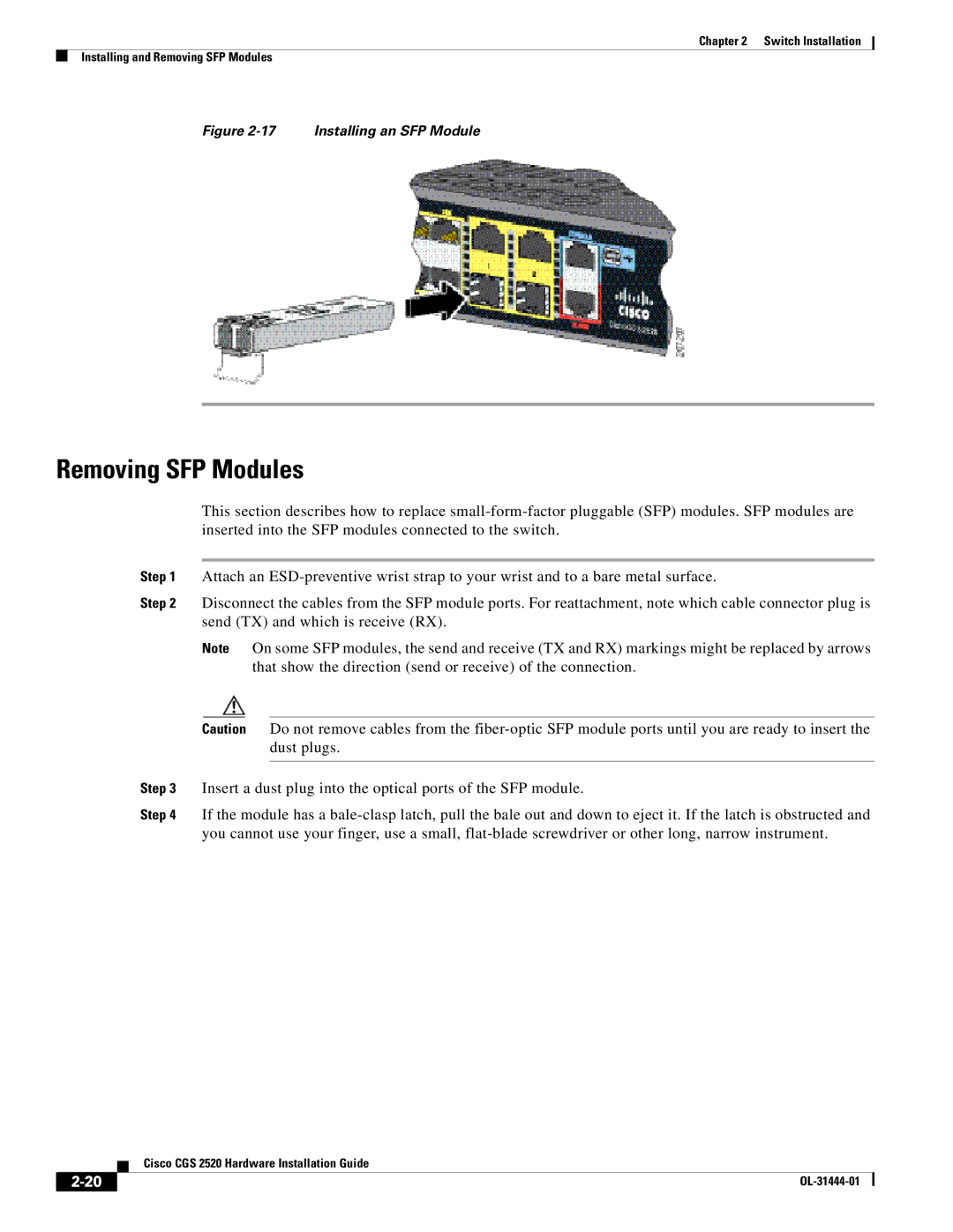 Cisco Systems CGS 2520 manual Removing SFP Modules, Installing an SFP Module 