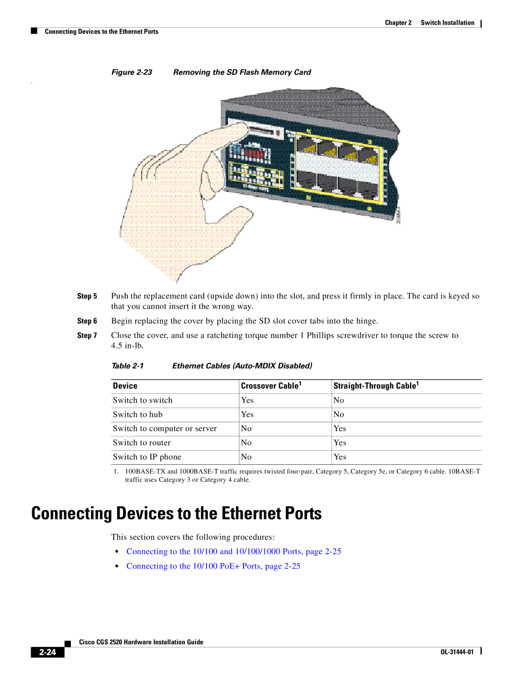 Cisco Systems CGS 2520 manual Connecting Devices to the Ethernet Ports, Device Crossover Cable Straight-Through Cable 