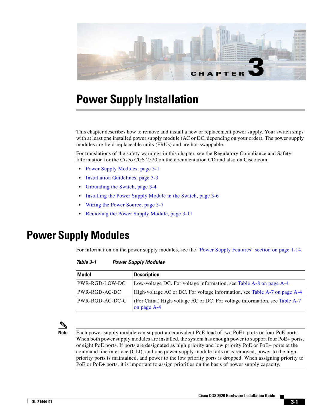 Cisco Systems CGS 2520 manual Power Supply Installation, Power Supply Modules 