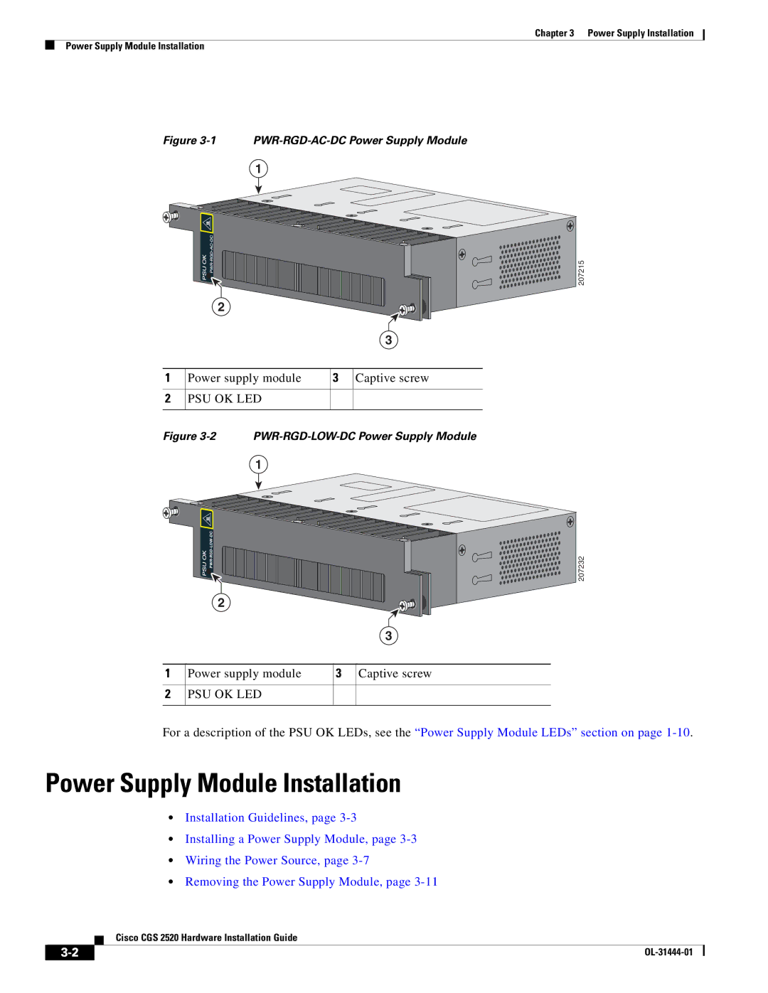 Cisco Systems CGS 2520 manual Power Supply Module Installation, PWR-RGD-AC-DC Power Supply Module 