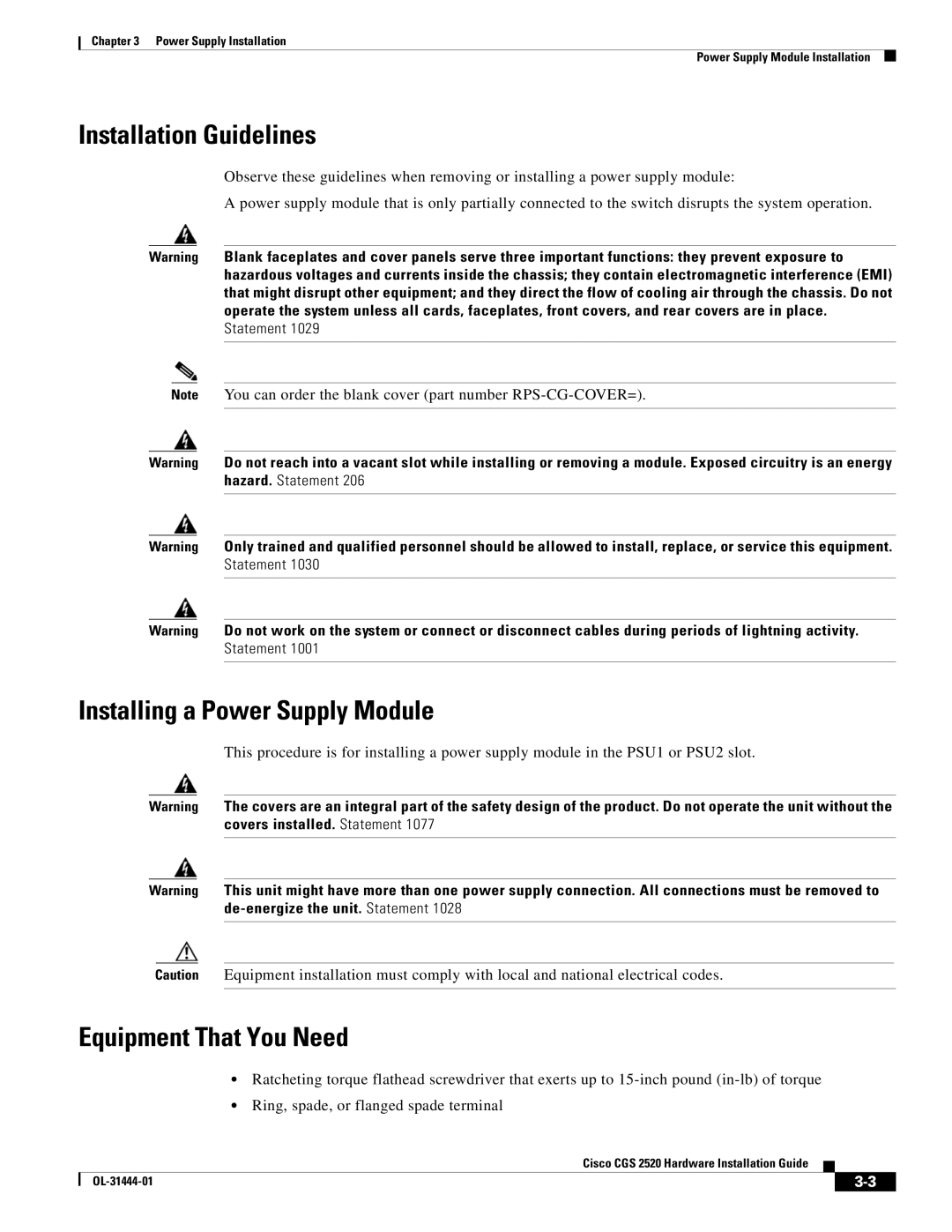 Cisco Systems CGS 2520 manual Installation Guidelines, Installing a Power Supply Module, Equipment That You Need 