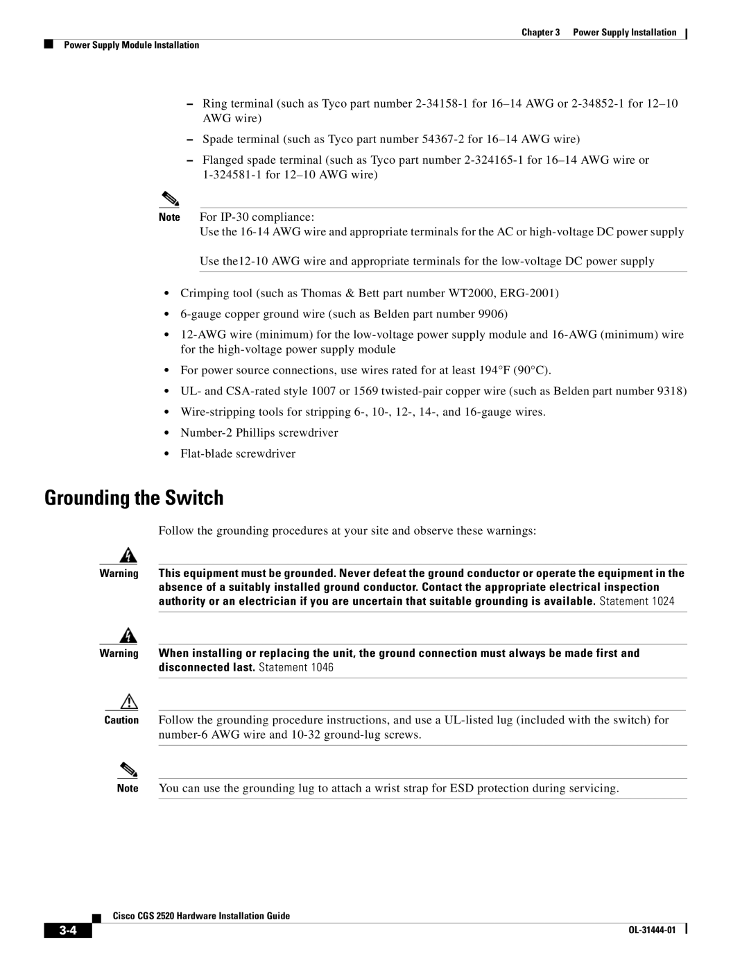 Cisco Systems CGS 2520 manual Grounding the Switch 