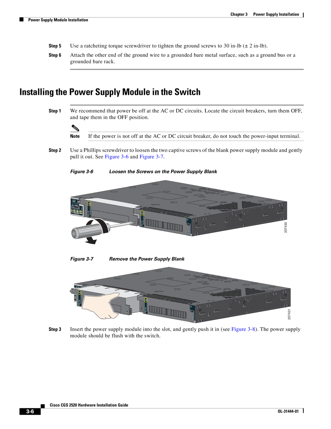 Cisco Systems CGS 2520 manual Installing the Power Supply Module in the Switch, Loosen the Screws on the Power Supply Blank 