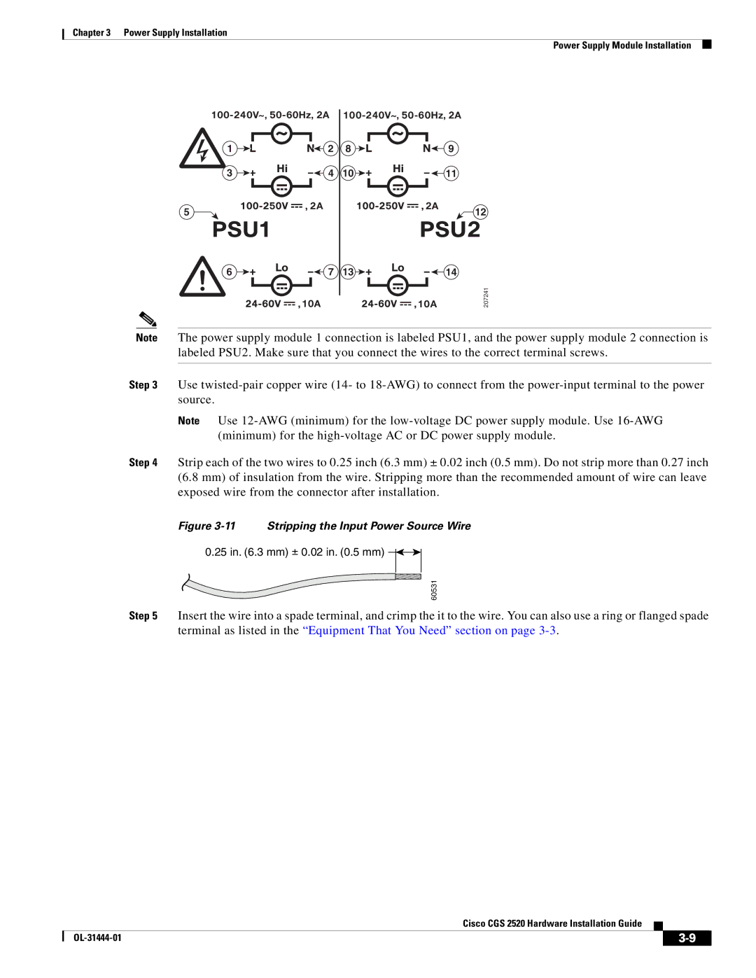 Cisco Systems CGS 2520 manual Stripping the Input Power Source Wire 