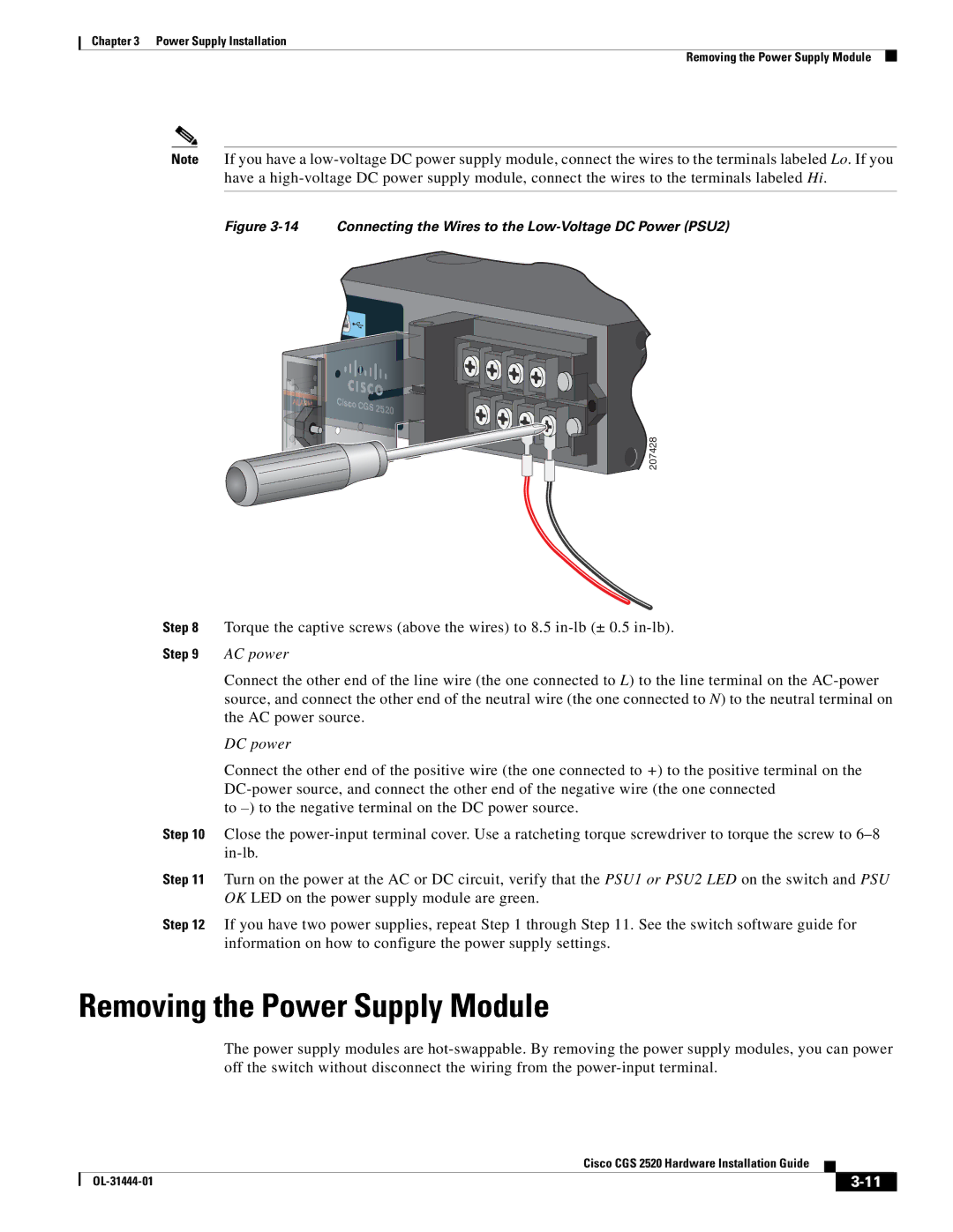 Cisco Systems CGS 2520 manual Removing the Power Supply Module, AC power 