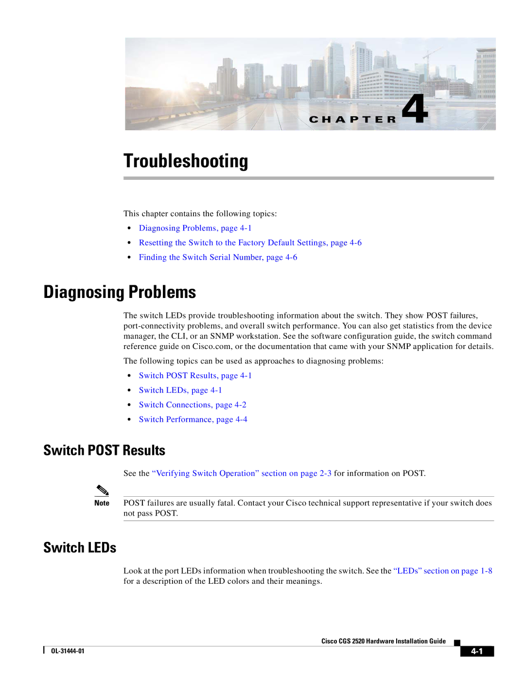 Cisco Systems CGS 2520 manual Diagnosing Problems, Switch Post Results, Switch LEDs 